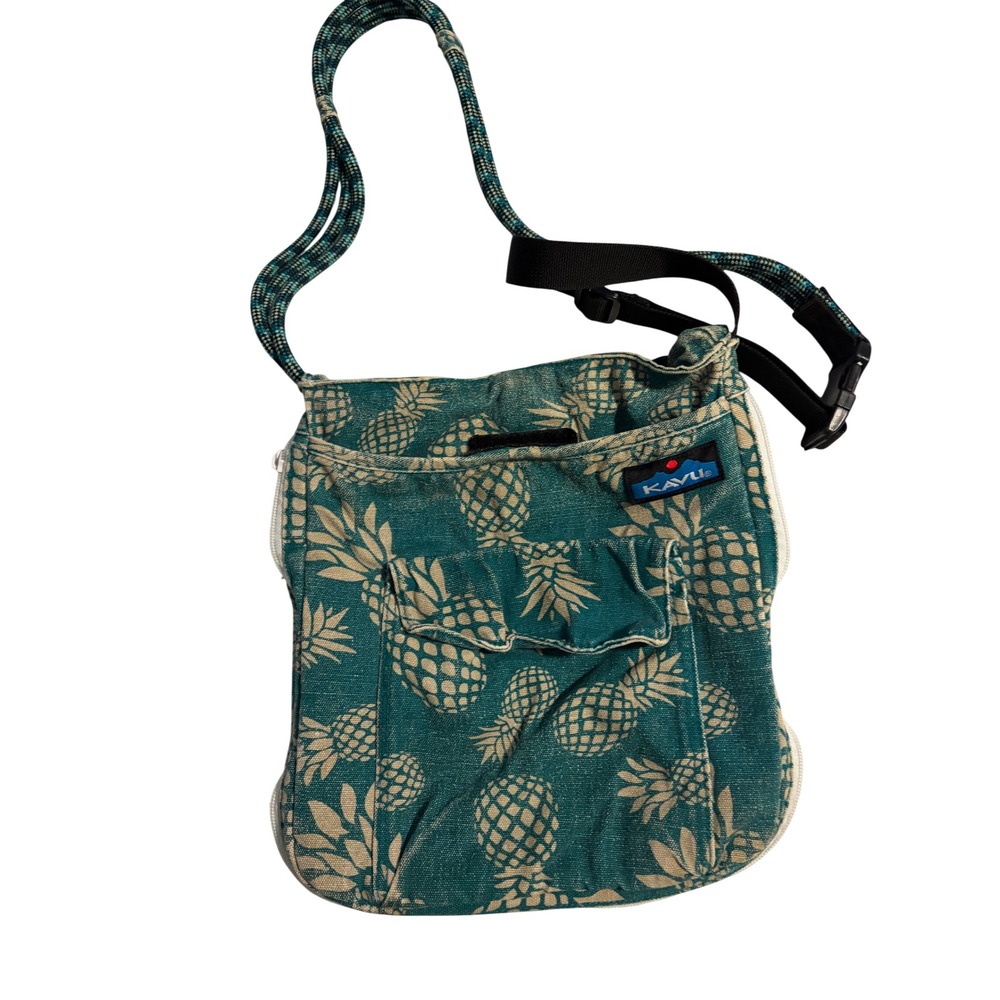 Kavu Sidewinder Crossbody Bag Pineapple Print Teal Canvas Rope Strap OS